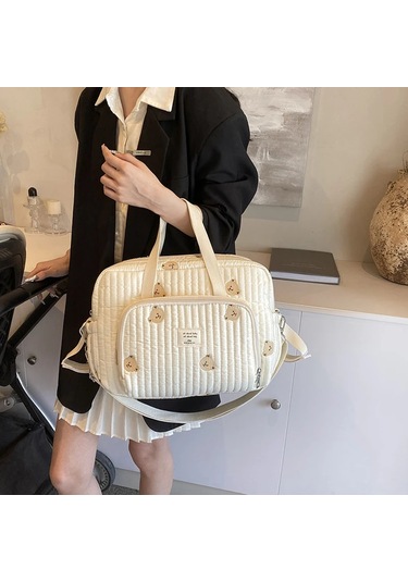 Sevimli Ayı Çiçek Nakış Desen Bebek Bej Pamuklu Kumaş Fermuar Beyaz