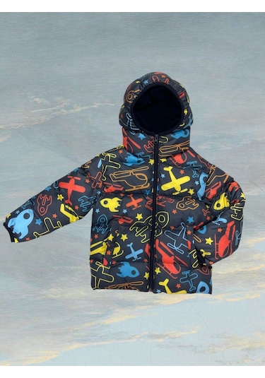 Erkek Çocuk Içi Polarlı Kapüşonlu Helikopter Desenli Kışlık Şişme Mont Çok Renkli