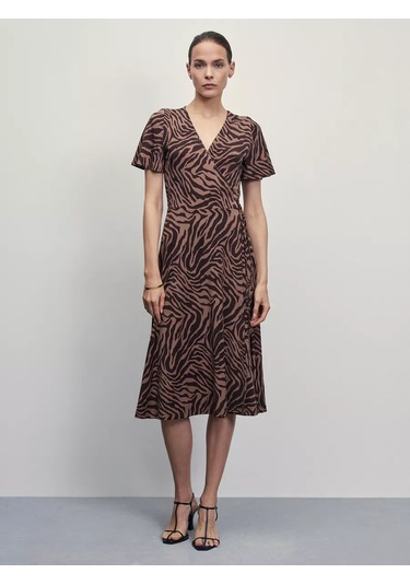 Zarına Kısa Kollu Midi Elbise, Çapraz Bağlamalı 218368967 Kahverengi