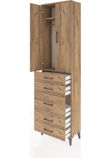 Arges Dolap 2 Raflı 5 Çekmeceli Tek Askılı 60x30x221 Çam-çam Çam