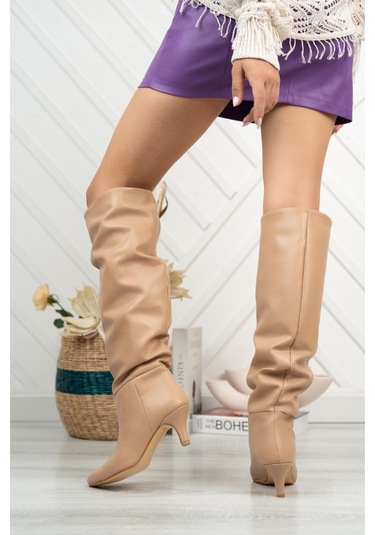 Sr-2001 Nut Körüklü İnce Topuklu Günlük Bayan Çizme Vizon