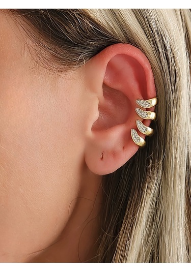 Eva Takı Store Dalga Model Zirkon Taşlı Deliksiz Kıkırdak Küpe Altın