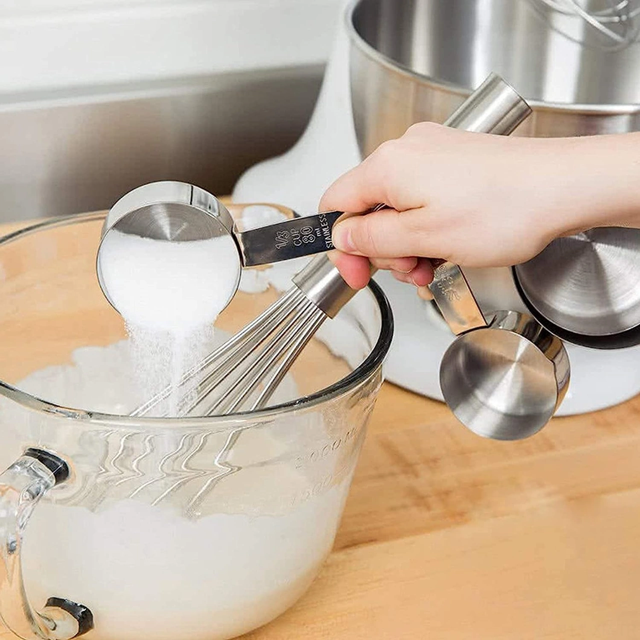 Xiyyadms 11 Parça Paslanmaz Çelik Ölçüm Seti: 5 Ölçü Kase 30-250ml + 5 Kaşık 0.5-15ml + Düzleştirici Aracı Gümüş Gümüş