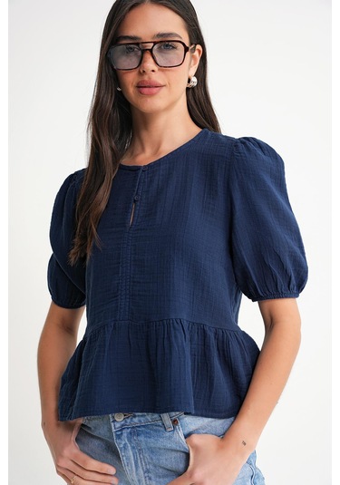 4713 Kadın Beli Büzgülü Kolu Lastikli Bol Müslin Bluz Lacivert Lacivert