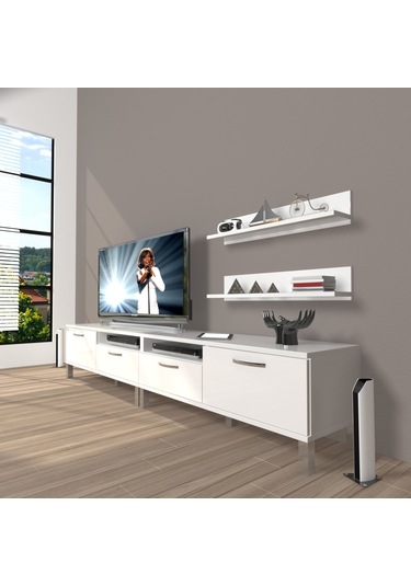 Decoraktiv Eko 200r Slm Krom Ayaklı Tv Ünitesi Tv Sehpası Parlak Beyaz