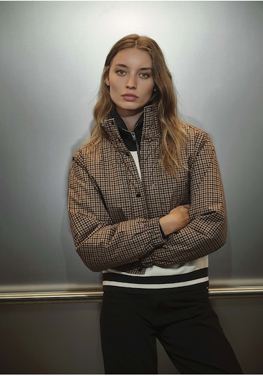 Mavi - Kahverengi Kareli Şişme Mont 1110269-90373 Kahverengi