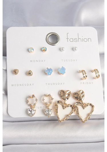 Pirinç Gold Renk Zirkon Taşlı Sallantı Beyaz Sedefli Kalp Model 7 Çift Kadın Küpe Seti Çok Renkli