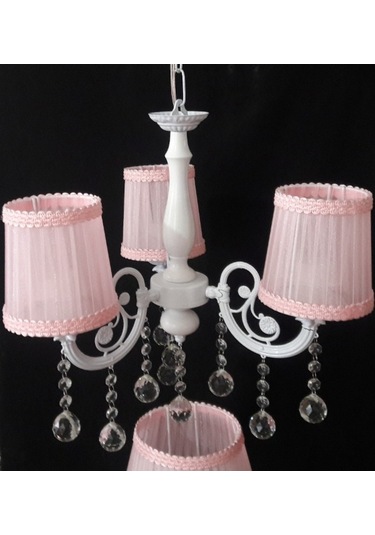 Pembe Çocuk Odası Taşlı 3 Kollu Avize Abajur Seti