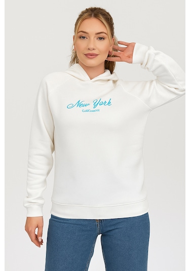 Kadın Kapşonlu Nakışlı Beyaz Sweatshirt Ekru