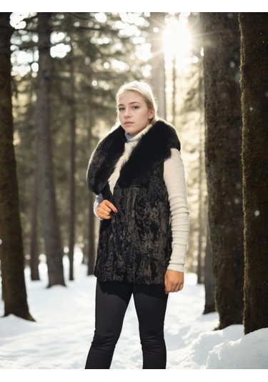 Kadın Kolsuz Hakiki Kürk - Siyah Kahve
