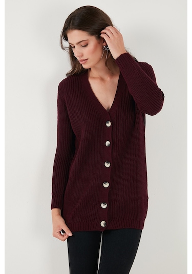 Lela Regular Fit V Yaka Düğmeli Triko Örme Uzun Bayan Hırka 4615044 Bordo