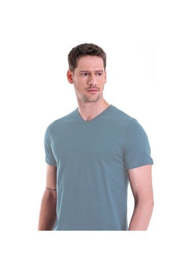 Hatemoğlu Indigo Düz Slim Fit 100% Pamuk V Yaka Tişört İndigo