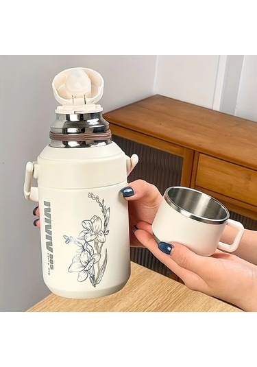 Maxaccess Mavi Çiçek Desenli 27.05 Oz Paslanmaz Çelik Seyahat Termosu Kapaklı Kulplu