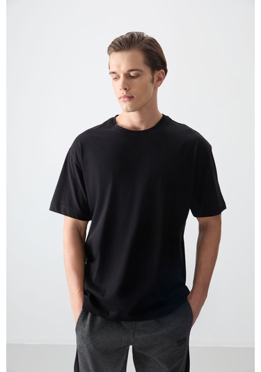 Siyah %100 Pamuk Kalın Yumuşak Dokulu Oversize Fit Basic Erkek T-shirt - 88353 Siyah
