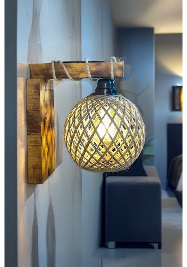 Rustik Ahşap Duvar Apliği Doğal Halat Detaylı, El Yapımı Avize, Dekoratif Yatak Odası Lambası Ahşap