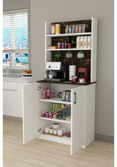 %100 Mdflam Kahve Köşesi Çok Amaçlı Mutfak Dolabı Kahve01 Beyaz - Siyah Taş Beyaz - Siyah Taş