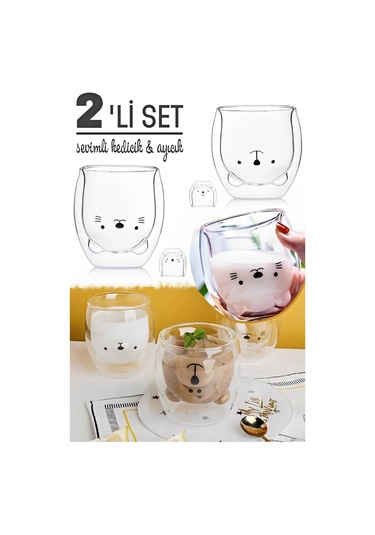 Çift Camlı Cidarlı Sevimli Ayıcık Süt Çay Kahve Su Kupa Bardağı 250ml Ev Ofis Isı Yalıtımlı Bardak