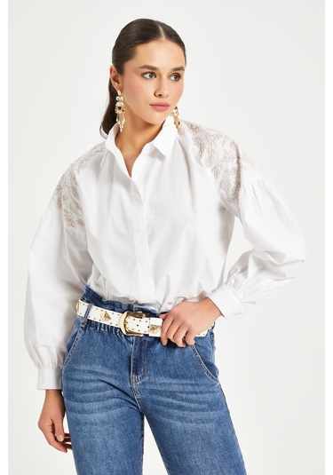 Kadın Nakış Detaylı Pamuk Gömlek Düğmeli, Uzun Kollu, %100 Cotton Beyaz