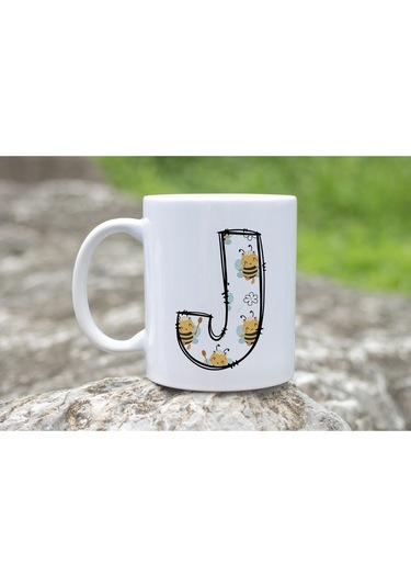 J Harfi Arı Desenli Kupa - Sevimli Hayvan Temalı Kişiye Özel Kahve Kupası - Şans Kupası Beyaz