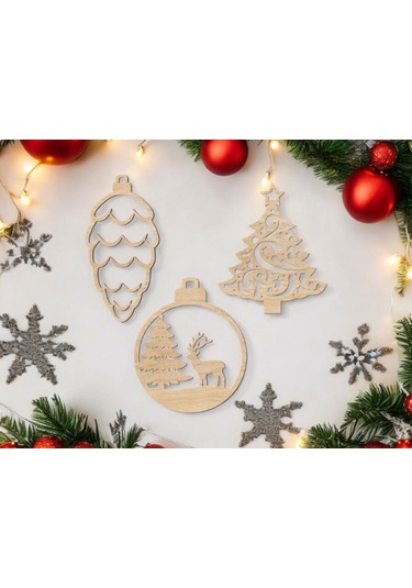 10 Parça Ahşap Yılbaşı Ağacı Süs Seti-5 Ortalama 6-8 Cm Noel Ağacı Süsü