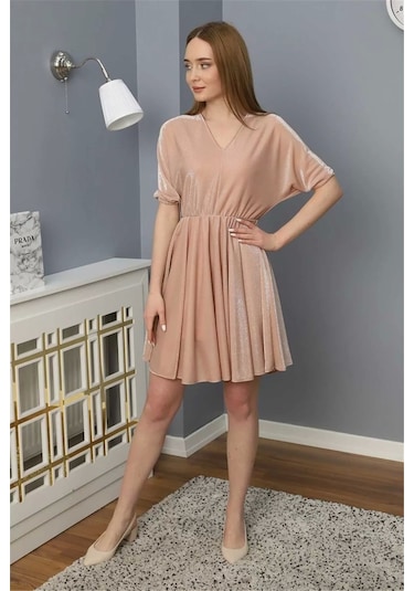 Beli Lastikli V Yaka Elbise 1765-pudra Pudra