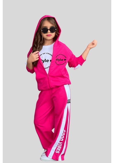 5-14 Yaş Good Vibes Kapüşonlu Kız Çocuk Takım Fuşya Fuşya