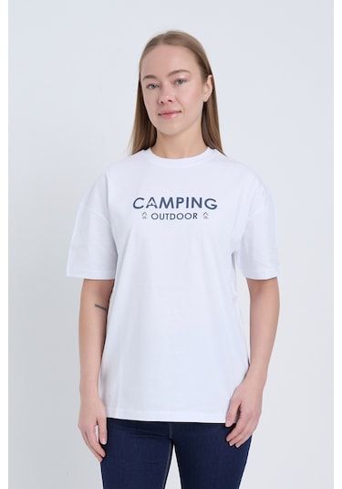 Velvoria Unisex Oversize Siyah Camping T-shirt Beyaz