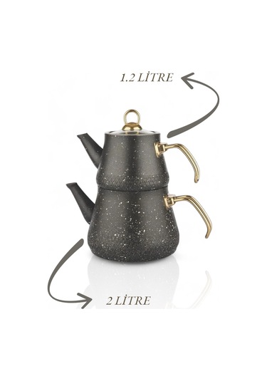 Enashop Granit Kaplama Gold Kulplu Cam Kapak Çaydanlık Siyah Siyah