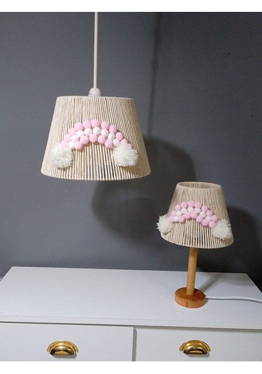 Makrome Avize Çocuk Odası Bebek Odası Abajur Avize Set Ahşap Ayak E27 Duy Ekru