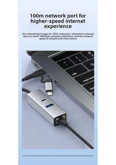 Usb + Lightning Girişli Lan Adaptör Usb 3.0 Çoklayıcı + Type-c Otg