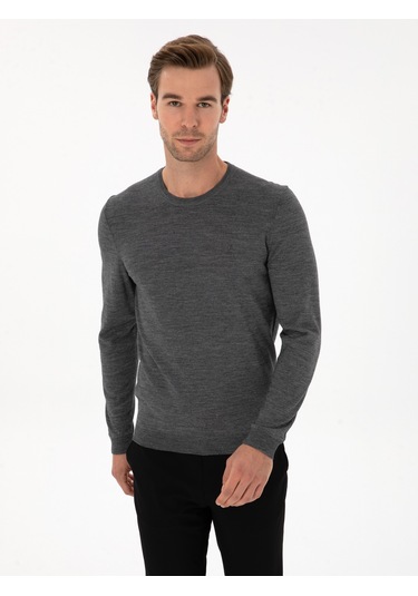 Cacharel Füme Slim Fit Yün Karışımlı Bisiklet Yaka Basic Triko Kazak Gri