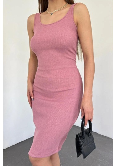 Kadın Gül Kurusu Kalın Askılı Kare Yaka Kolsuz Kısa Elbise Pembe