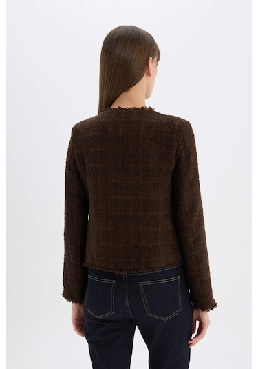 Defacto Regular Fit Bisiklet Yaka Tweed Blazer Ceket D8460ax24aubn298 Kahve
