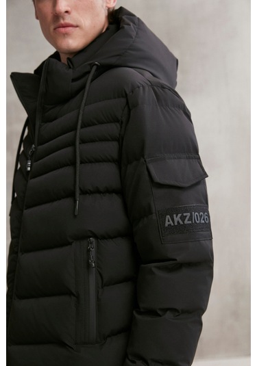 Allan Erkek Su Geçirmez Fermuarlı Kapüşonlu Kol Arma Ve Cep detaylı şişme Siyah Mont