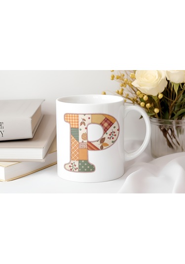 P Harfi Sonbahar Kış Temalı Yamalı Tasarım Kupa Bardak - Etnik Ve Pathwork Severlere Özel Hediye Beyaz