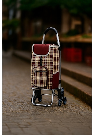 3 Tekerlekli Katlanır Desenli Alüminyum Pazar Arabası Su Geçirmez Kırmızı