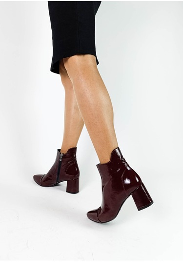 Hakiki Deri Bordo Rugan Fermuarlı Kalın Topuk Kadın Bot Bordo
