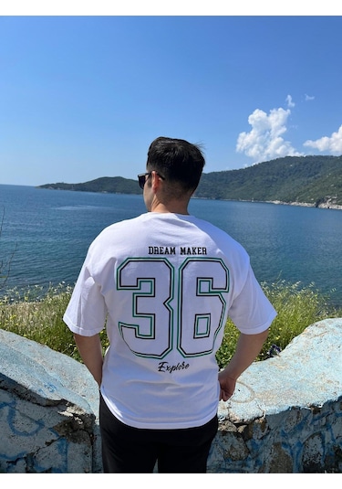 Erkek Bisiklet Yaka Oversize Baskılı T-shirt Beyaz