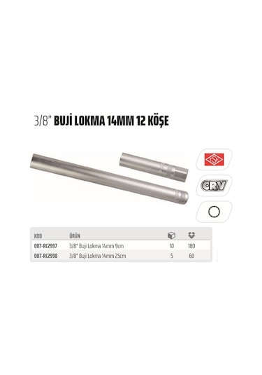 Rico 3/8 Buji Lokma Ucu 14 Mm 12 Köşe 9 Cm