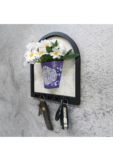 Ahşap Motifli Mor Saksı İçinde Beyaz Yapay Papatyalar Askılık Duvar Dekoru Diğer