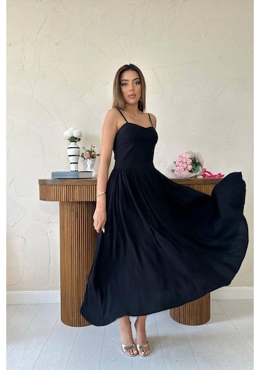 Siyah Göğüs Kuplu Uzun Büzgülü Elbise Siyah