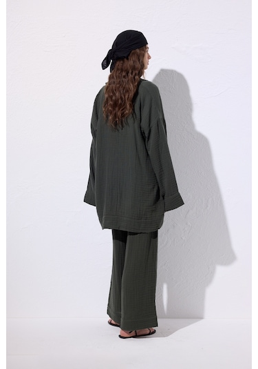 Müslin Geniş Kollu Kimono Koyu Yeşil Koyu Yeşil
