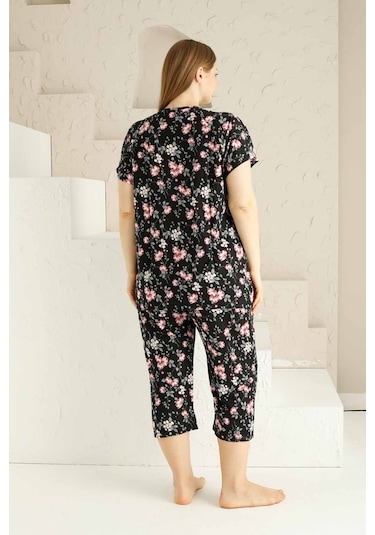 Anne Kalıp Tunik Büyük Beden Kapri-battal Beden Dantel Detay Kısa Kol Viskon Bermuda Pijama Takımı Siyah Pembe Çok Renkli