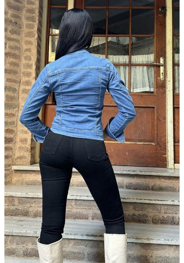 Mavi Dar Kesim, Cepli, Düğmeli, Denim Kot Ceket Mavi