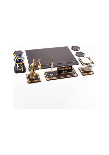 Themis Biblolu Altın Deri Sümen Takımı Mermer Desen Ahşap İsme Özel Masa İsimliği Masaüstü İsimlik