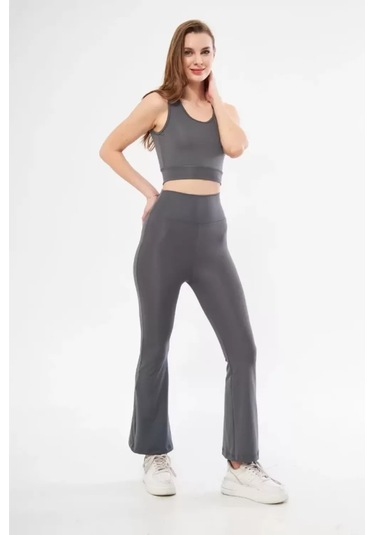 Lucky Life Kadın İspanyol Paça Taytli Croplu Takım - Füme 001