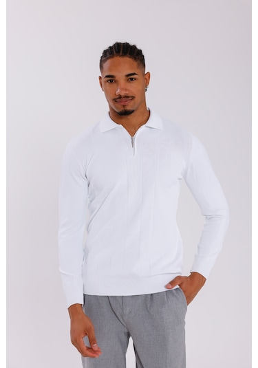 Monox Erkek Yarım Fermuarlı Polo Yaka Triko Kazak Beyaz