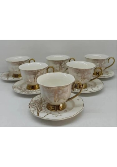 Çeyizci Çarşı Albero 6 Kişilik Ağaç Desen Porselen 220ml Nescafe Çay Fincanı Takımı Purebone-125 Beyaz