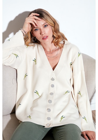 Lela Oversize Fit Desenli V Yaka Triko Bayan Hırka 4616193 Krem