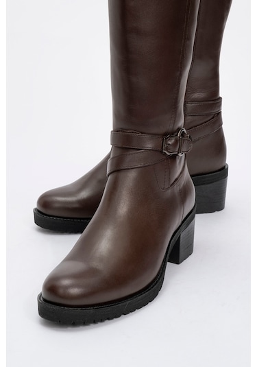 Kadın Yüksek Topuklu Fermuarlı Çizme Gerçek Deri Br 08029 Kahverengi Null Kahverengi